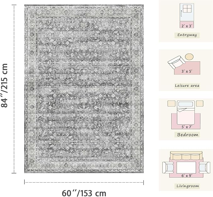 Latte&Fog 4x6 Area Rugs for Living Room, Vintage Washable Grey Rug | Non Slip - Image 2