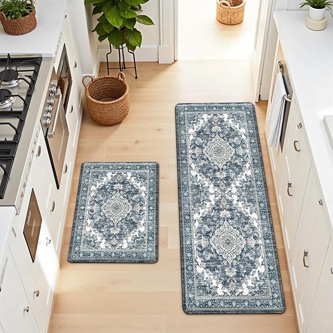 Boho Kitchen Mats for Floor 2 Piece Set Anti Fatigue Cushioned PVC Kitchen Rugs Non Slip Waterproof Farmhouse Mats 2/5 Inch Comfort Standing Mat for Sink, Laundry, 17.3"x47"+17.3"x28", Dark Blue