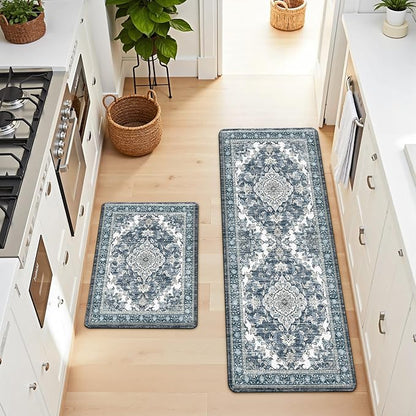 Boho Kitchen Mats for Floor 2 Piece Set Anti Fatigue Cushioned PVC Kitchen Rugs Non Slip Waterproof Farmhouse Mats 2/5 Inch Comfort Standing Mat for Sink, Laundry, 17.3"x47"+17.3"x28", Dark Blue
