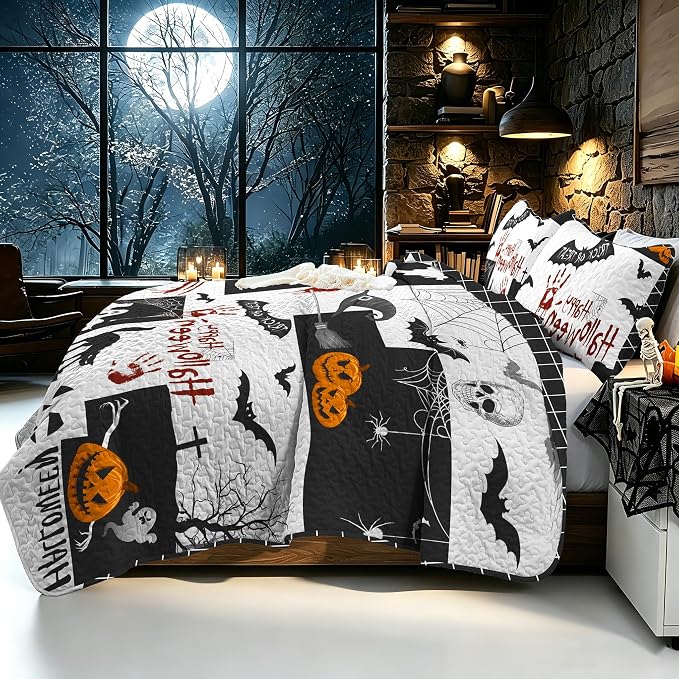 WONGS BEDDING Halloween Quilts Queen Size, Queen 96"x90", Reversible Grid Design - Image 8