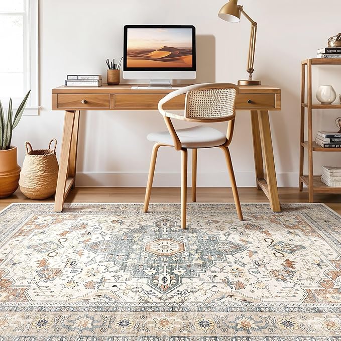 10x12 Area Rug Living Room: Washable Boho Large Neutral Vintage Soft Rugs Stain Resistant Distressed Farmhouse Non-Slip Indoor Floor Carpet for Bedroom Nursery Kids Office Dining Room- Beige Blue
