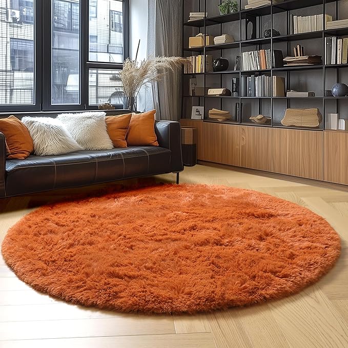 Amdrebio Burnt Orange Large Shag Round Area Rug 7Ft - Image 3