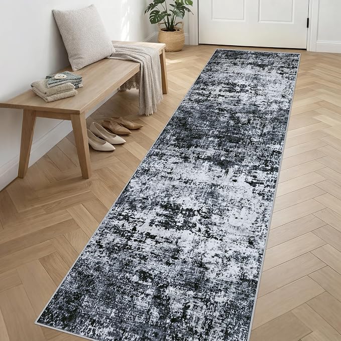 2.6x14 Washable Runner Rug:Modern Abstract Indoor Carpet Black | - Image 3