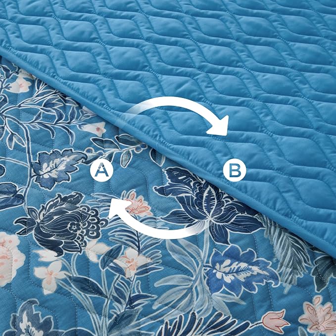 Bedsure Floral Quilts Queen Size, Reversible Blue Floral Comforter Bedding | - Image 4
