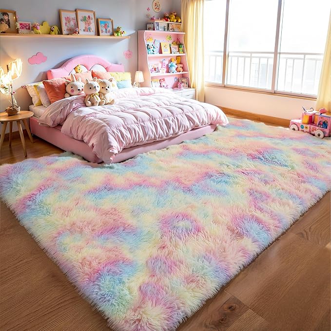 Rainbow Fluffy 9x12 Area Rug Soft Washable Shag Carpet - Image 7