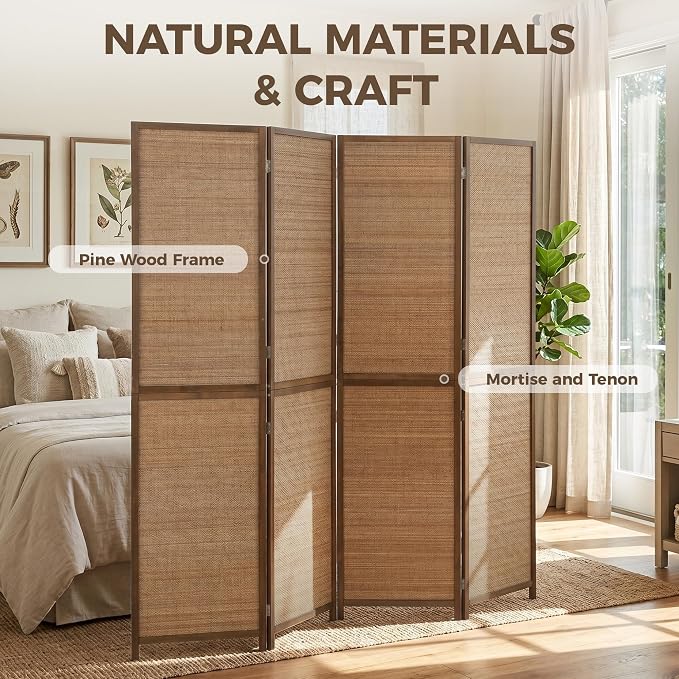 HOMCOM Room Divider, 6 FT Tall Folding Privacy Screen, 4-Panel Boho Brown | - Image 4