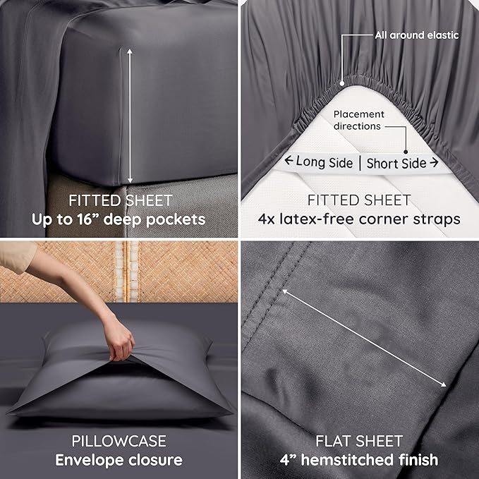 Bambaw California King Cooling Sheets Set 4pcs – 100% Viscose Derived from Bamboo Sheets Extra Deep Pockets, Soft & Breathable Bedding Set, Fits Up to 16'' with Elastic Corner Straps (Charcoal)