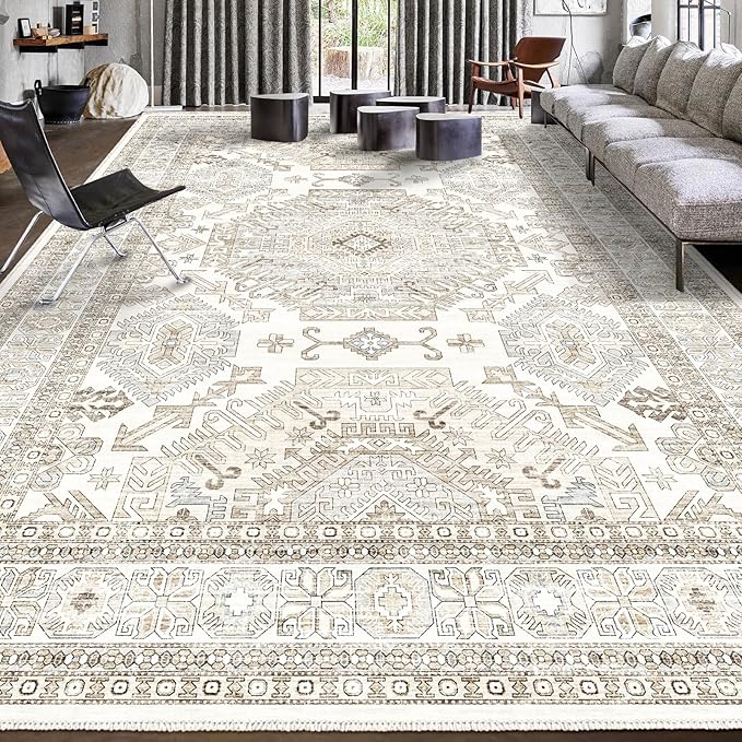 Area Rugs 8x10 for Living Room,Washable Boho 8x10 Area Rugs for Bedroom,Non Slip Carpet for Kitchen, Dining Room, Indoor, Kids Playroom Soft Low-Pile Rug, Thickness 0.2 Inches, Beige/Neutral