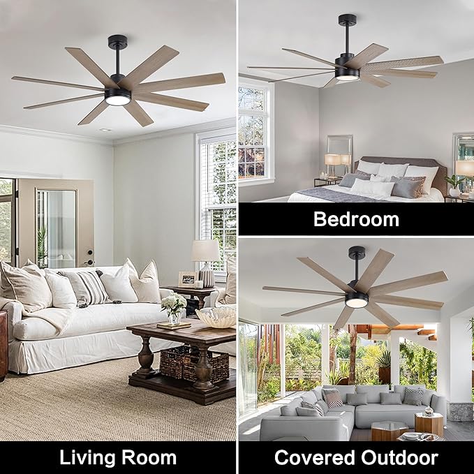 WINGBO 72" Large DC Ceiling Fans with Lights and Remote, 3 Downrods, 8 Plywood Blades, 6-Speeds Reversible DC Motor, 3CCT, Indoor Ceiling Fan for Bedroom Living Room Patio, Black and Gray