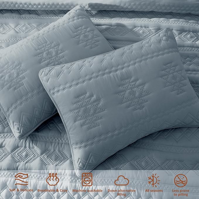 WDCOZY Boho Blue Grey Oversized California Cal King Size Quilt Bedding Sets - Image 4