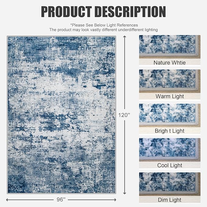 8x10 Area Rug Living Room: Modern Washable Indoor Soft Carpet Blue | - Image 2