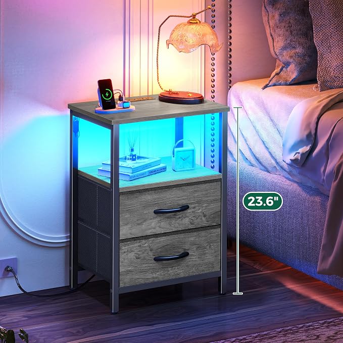 Huuger Night Stand with Charger Station and LED Lights, 2 Drawer Nightstand | - Image 4
