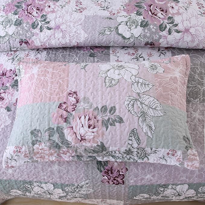 DURLENGEN Patchwork Quilt Set King Size 3Pcs, Floral - Image 4
