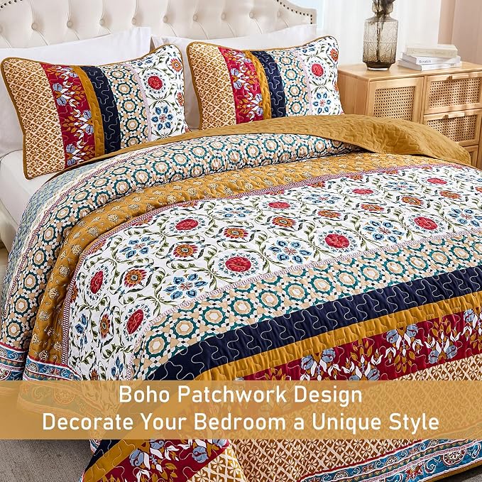 Yiran Boho Quilt Set Queen Size, Fall Tango Orange Patchwork Bedspreads | - Image 3