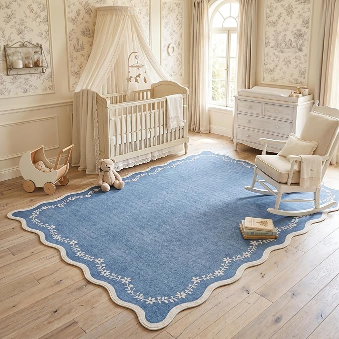 GarveeHome 4x6 Scalloped Washable Area Rug Blue Nursery Kids Bedroom Rug | Soft by GarveeHome