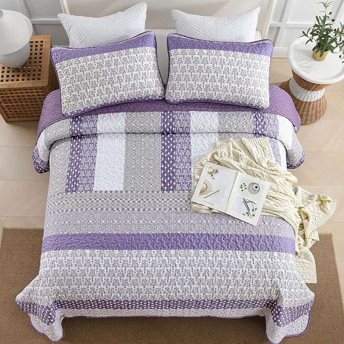 WONGS BEDDING Purple Queen Quilt Bedding Set, Bohemian Stripe Bedspread | - Image 3