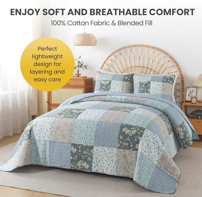 SLPR - Wildflowers Blue Floral Patchwork Cotton Quilt Set, King and 2 Shams | - Image 3