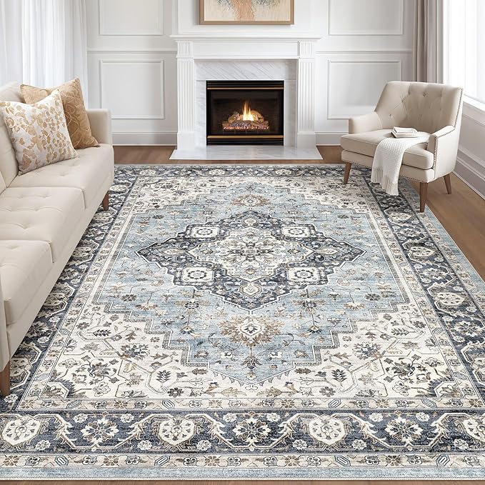 10x14 Area Rugs Living Room: Washable Boho Large Neutral Vintage Soft Rug Stain Resistant Farmhouse Non Slip Indoor Floor Carpet for Bedroom Nursery Kids Playroom Office Dining Room- Blue Tan