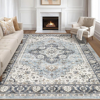 10x12 Area Rug Living Room: Washable Boho Large Neutral Vintage Soft Rugs Stain Resistant Farmhouse Non-Slip Indoor Floor Carpet for Bedroom Nursery Kids Playroom Office Dining Room- Tan Blue