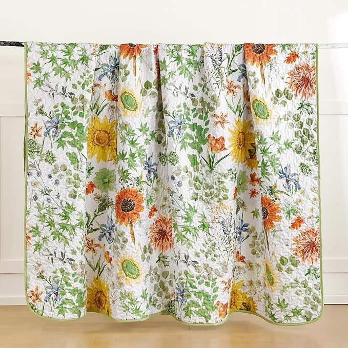 Yiran Floral Quilts Queen Size, Sunflower Botanical Bedspreads, Sage Green | - Image 8