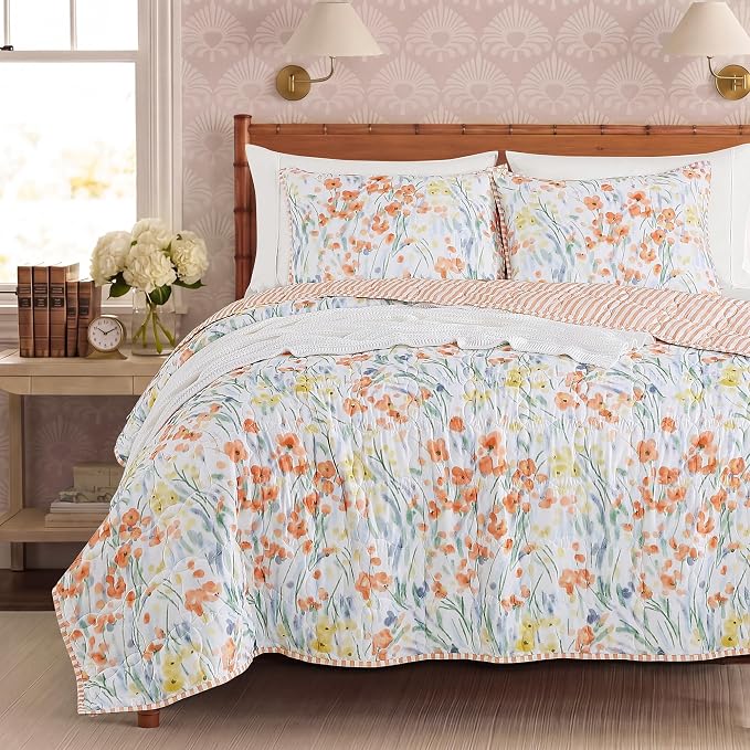 Queen Quilt Set-3 Pieces Soft Bedding Floral Reversible Coverlet | All Seasons - Image 9