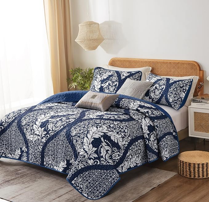 DJY Damask Quilt Set King Size, Boho Lightweight Bedding Set 3 Pcs, Soft - Image 2