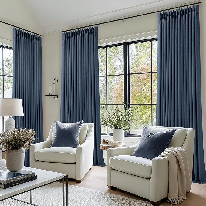Navy Blue Linen Blackout Pinch Pleated Double Layer Curtains 90 Inches Long | - Image 8