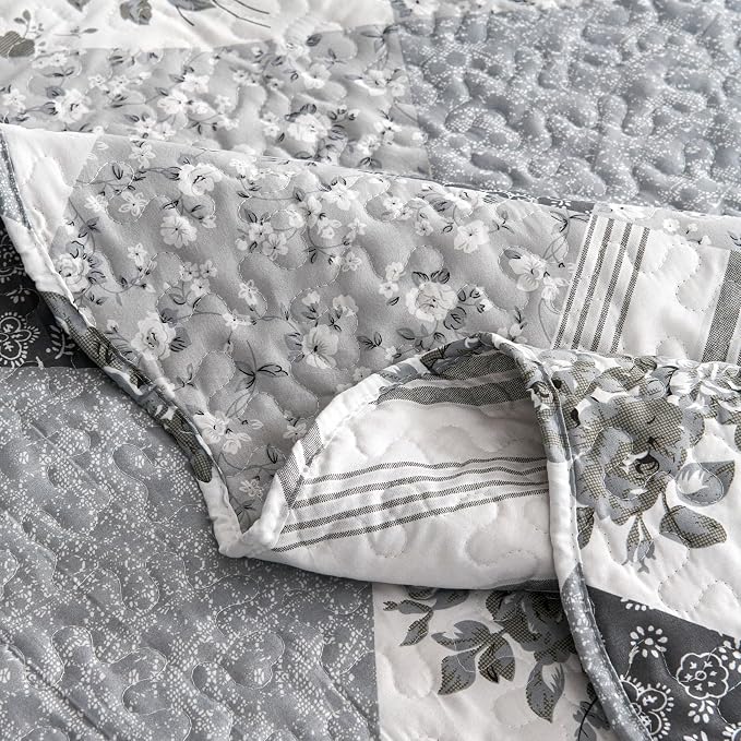 Cmfshape Summer Floral Queen Bedspread, Romantic Grey Quilt Set Full, - Image 6