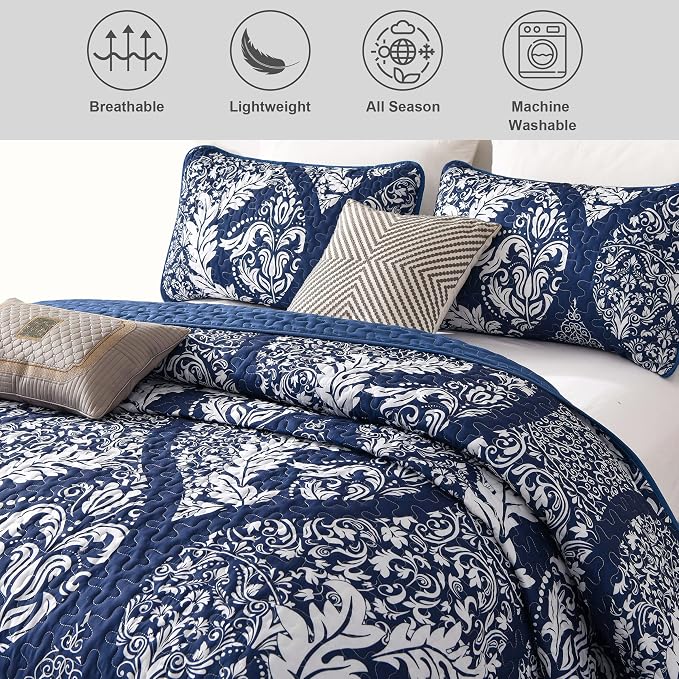 DJY Damask Quilt Set King Size, Boho Lightweight Bedding Set 3 Pcs, Soft - Image 6