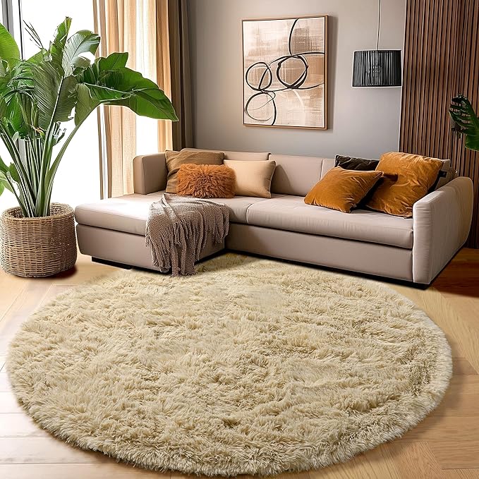Amdrebio Beige Boho Shag Round Circle Area Rug 6Ft - Image 5