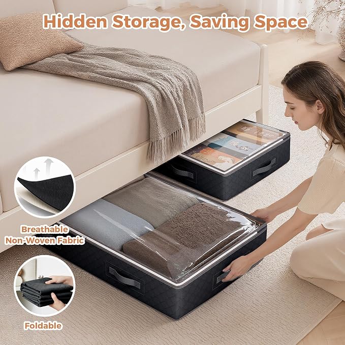 95L Under Bed Storage, 4 Pack Closet Organizers Black | Underbed Storage Bags - Image 6