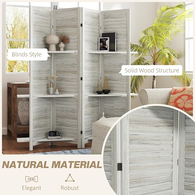 HOMCOM Room Divider with Shelves, 4 Panel, Distressed White | Wood Privacy - Image 5