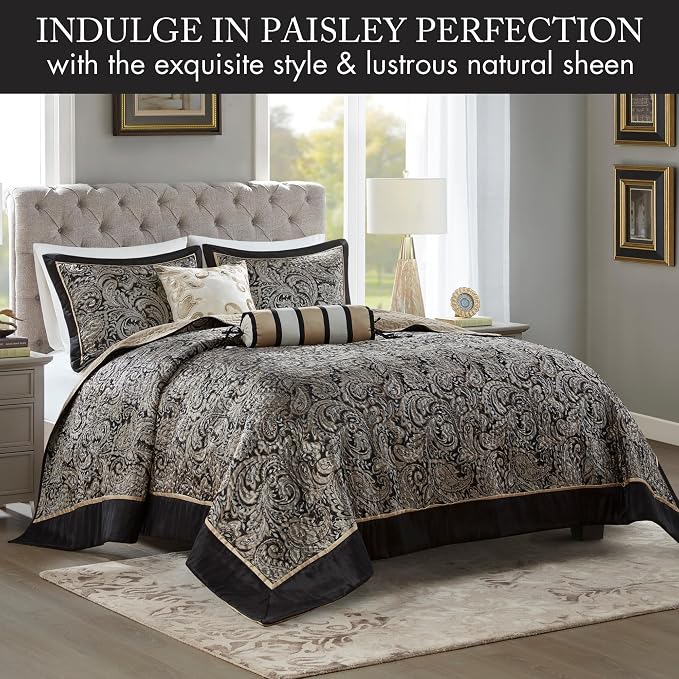 Madison Park Reversible Jacquard Quilted Queen Bedspread Set Black, All-Season - Image 2