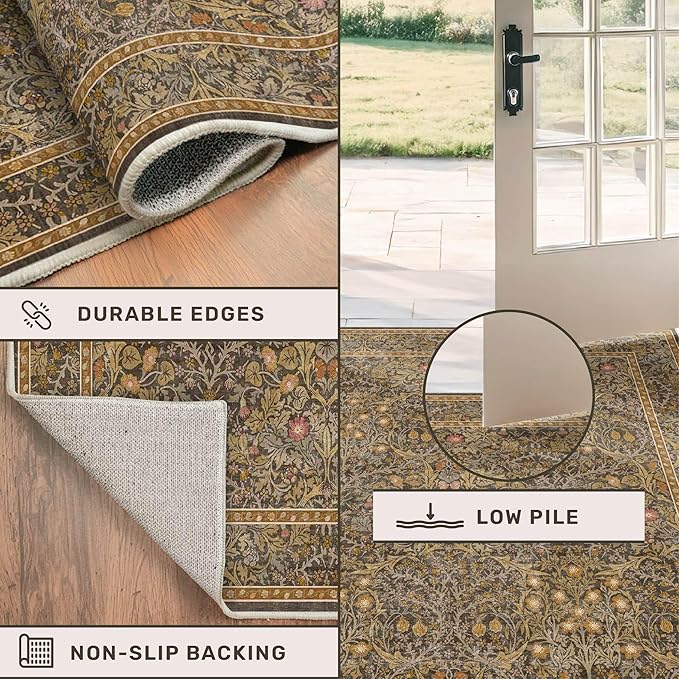 Gold Brown 2x6 Bathroom Runners Non Slip Washable, Low-Pile Runner Rugs for Kitchen, Entryway, Hallway, Laundry Room, Bedroom Bedside, Vintage Floral Stain Resistant Soft Carpet