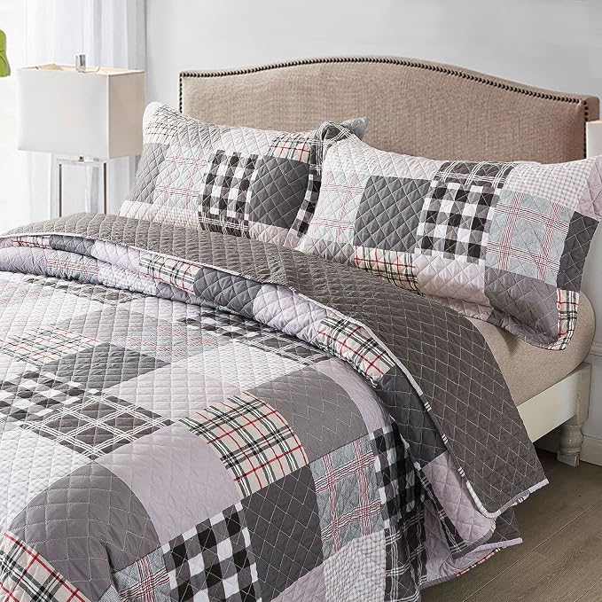 Quilt Set 3-Piece Oversized Quilted Bedspread Coverlet Set Grey European - Image 2