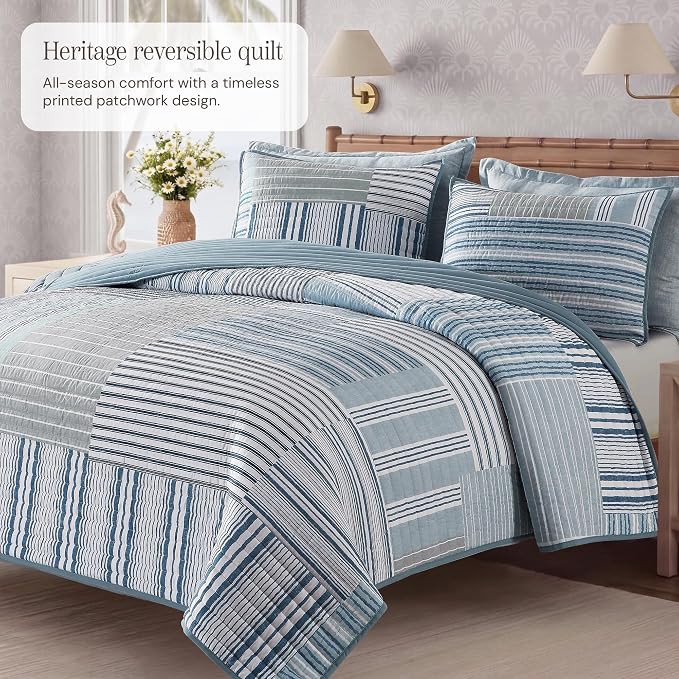 King Quilt Set-3 Pieces Soft Bedding Lightweight Floral Patchwork Coverlet | - Image 2