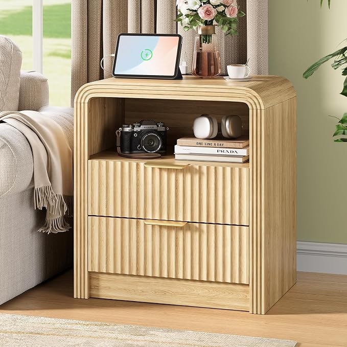 Decofy Fluted Nightstand with Charging Station, 19.7'' Wide Morden End Table - Image 8