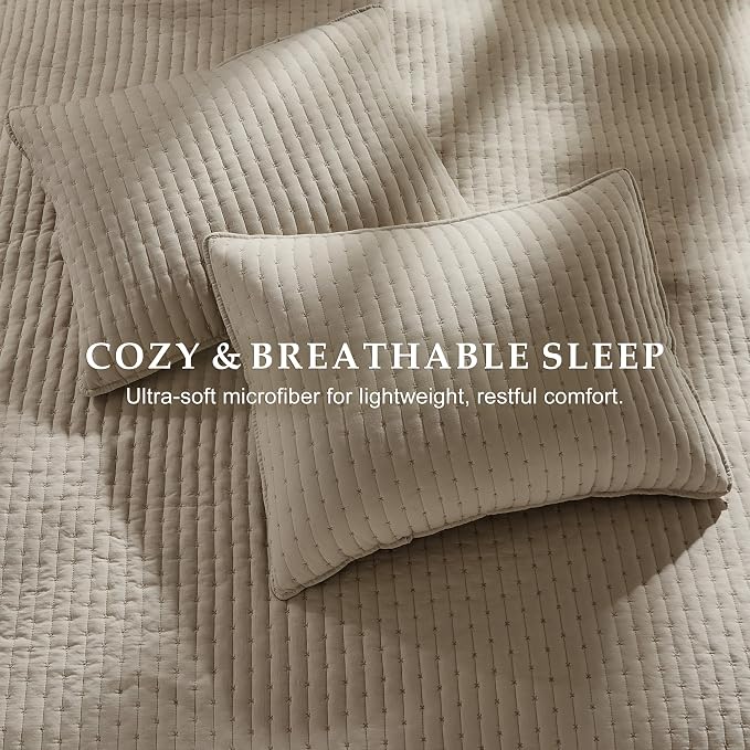 WDCOZY Dark Beige Cross Stitch King Size Quilt Set, Striped Lightweight Soft - Image 7