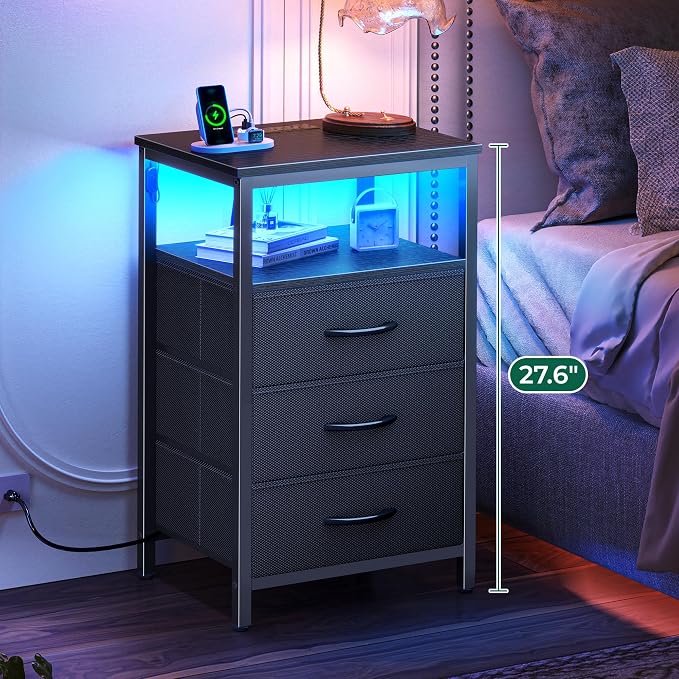 Huuger Night Stand with Charger Station and LED Lights, 3 Drawer Nightstand | - Image 4