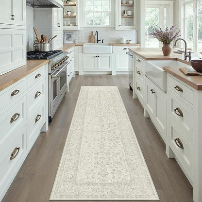 2x8 Grey Runner Rug Hallway Non Slip Kitchen Vintage Distressed Long Carpet Indoor Machine Washable Retro Floral Bedroom Accent Throw Rug for Office Laundry Bathroom Dining Living Room