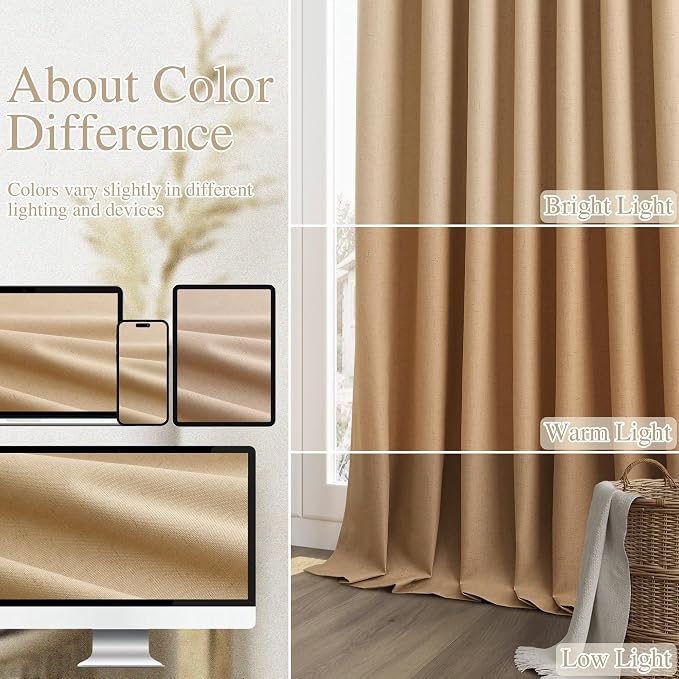 Camel Brown 100% Blackout Linen Curtains 90 Inch Length 2 Panels Set - Image 7