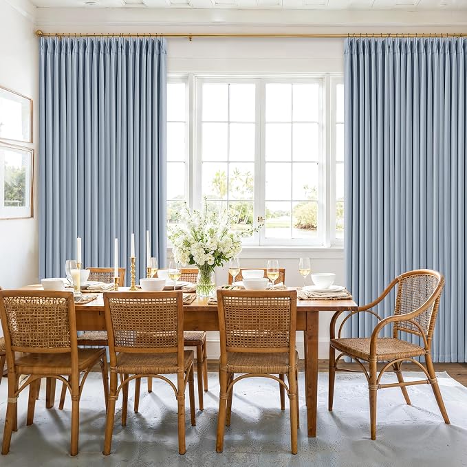 Light Blue Pinch Pleated Dual Layer Blackout Linen Curtains 102 Inches Long | - Image 9