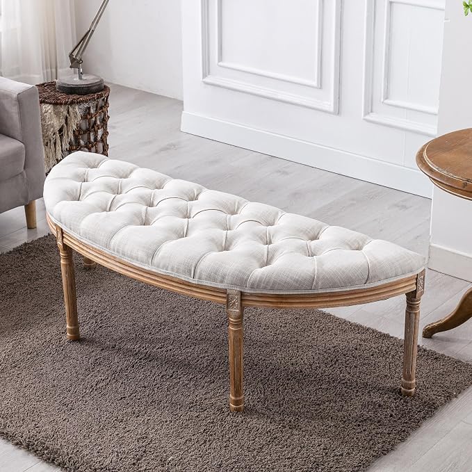 chairus 55" Button Tufted Semi-Circle Dining Bench Linen Halfmoon Entryway - Image 9