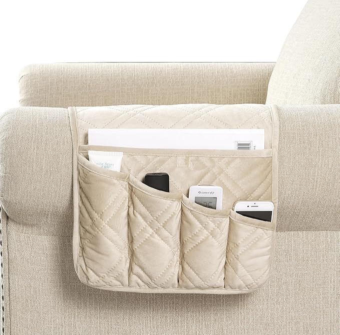 Brilliant Sunshine Beige Velvet Couch Armrest Cover, Armrest Organizer & Caddy by BrilliantSunshine