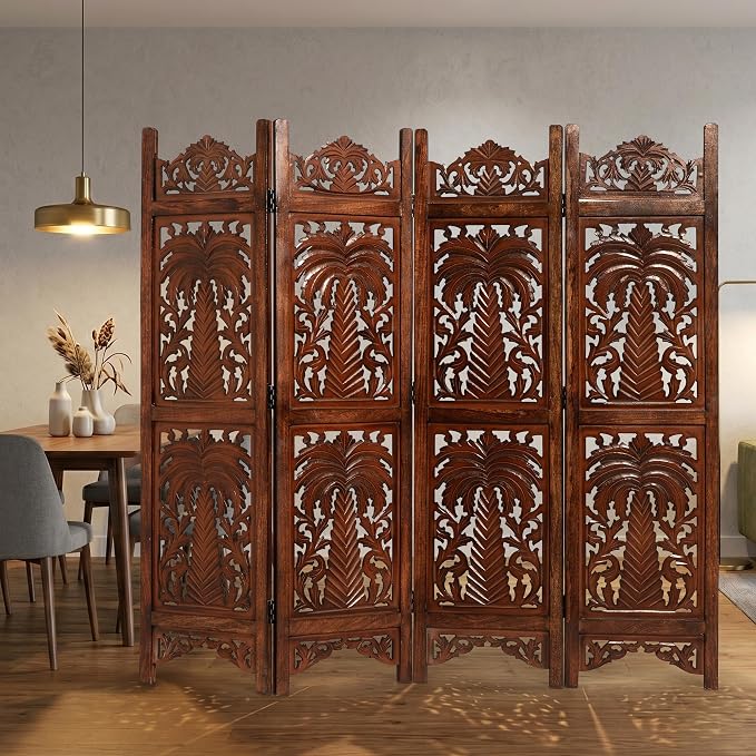 Lightnpro 4 Panel Palm Tree Wooden Room Divider 64" x 60" Hand-Carved Folding - Image 5
