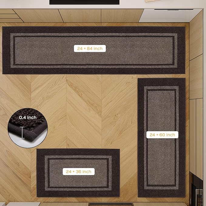 Kitchen Rugs 24" x 84", Non-Slip Machine Washable Kitchen Runner Rugs Floor Mats, Absorbent Comfort Standing Mats for Kitchen, Sink, Laundry and Hallway, Rolled Packaging, Grayish Brown & Coffee
