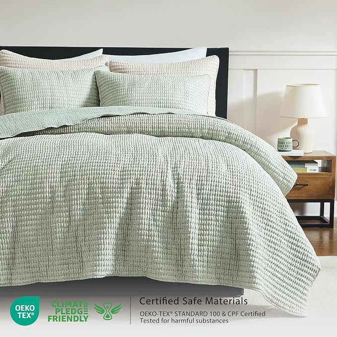 WDCOZY Sage Green Pick Stitch Queen Size Quilt Set, Striped Lightweight Soft - Image 2