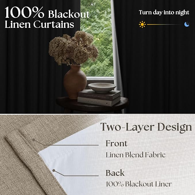 Deep Flax Greige Pleated Blackout Curtains 96 Inches Long 2 Panels | Room - Image 4