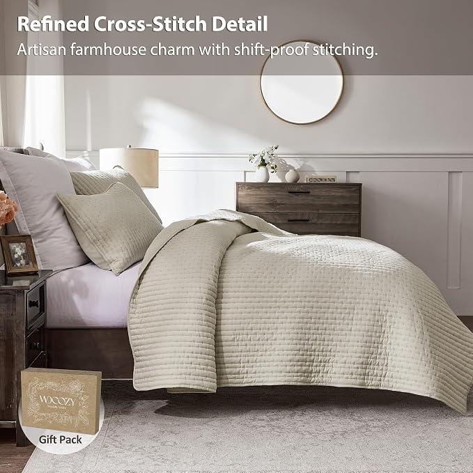 WDCOZY Beige Cross Stitch Twin Size Quilt Set, Netural Striped Lightweight Soft - Image 3