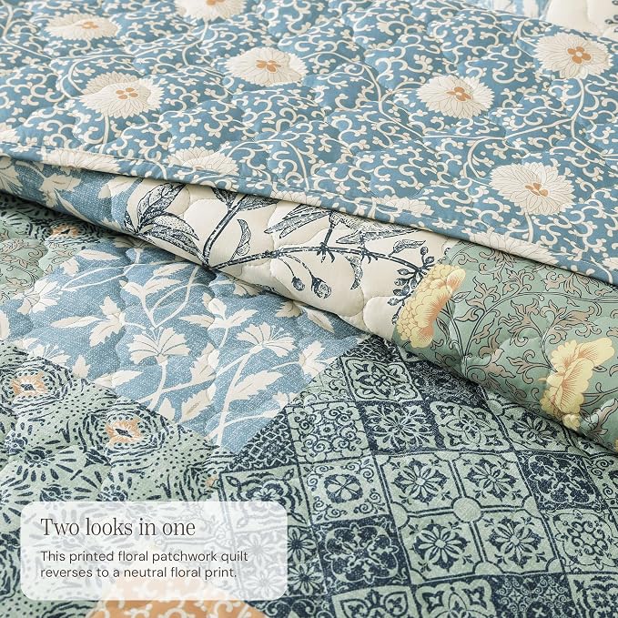 Oversized Queen Quilt Set-3 Pieces Soft Bedding Floral Patchwork Coverlet | All - Image 3